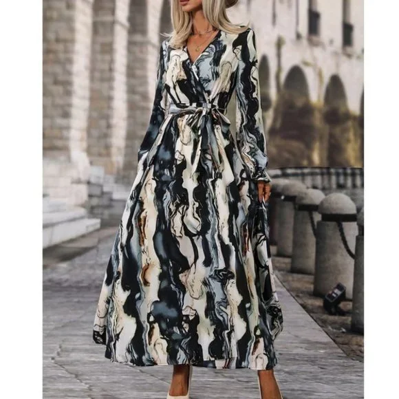 Belted Flounce Sleeve A-Line Marble Print maxi Dress - Picture 7 of 7